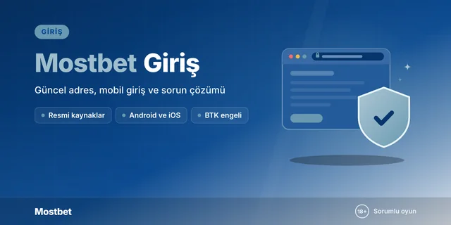 Mostbet giriş ve güncel adres rehberi kapağı: kilitli adres çubuklu tarayıcı penceresi ve onaylı kalkan