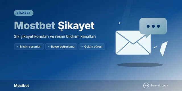 Mostbet şikayet rehberi kapağı: e-posta zarfı, sohbet balonu ve kâğıt uçak
